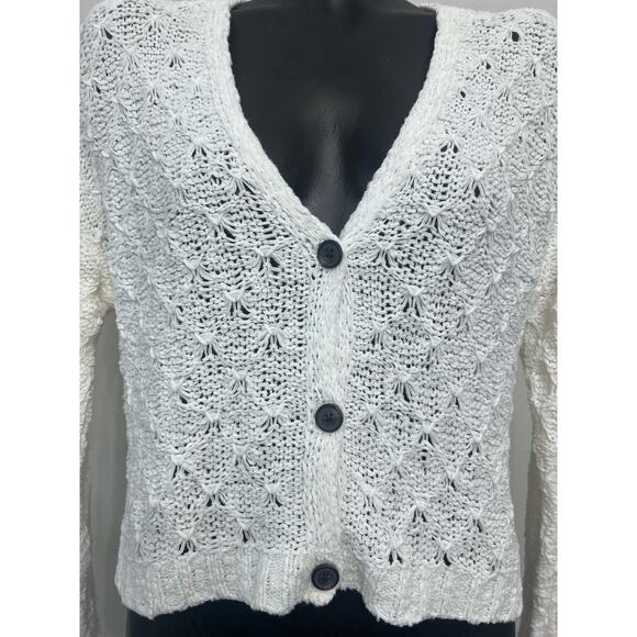 American Eagle Sweater Sz M V-Neck ButtonDown Open Weave White Cotton Acadamia - Picture 5 of 7